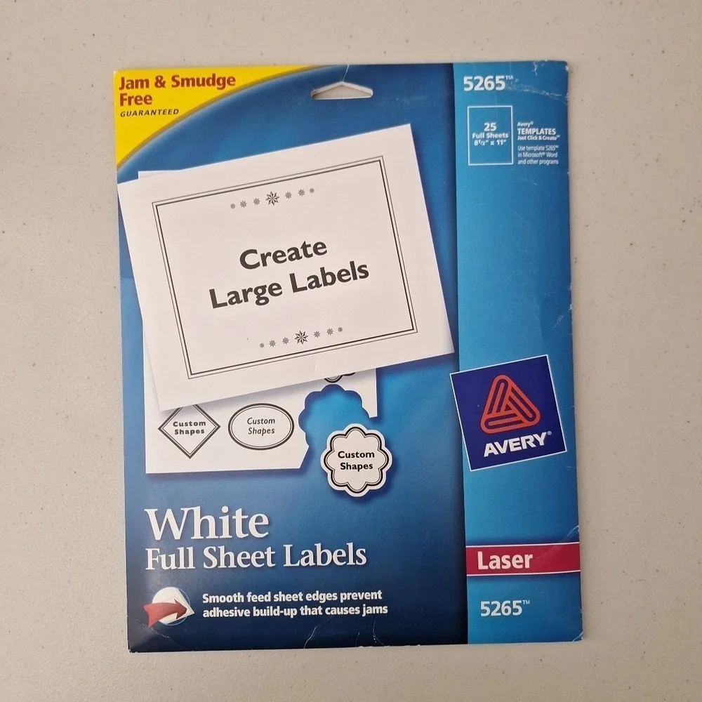 Avery 5265 Full Sheet Laser Labels Jam & Smudge Free, 8 1/2